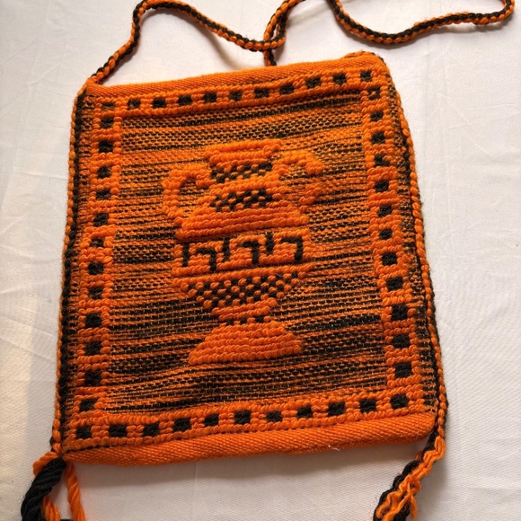 Orange & Black Woven Crossbody Tote Bag - Textured Vase w Geometric Designs - Picture 2 of 11
